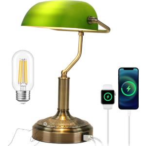 Bankers Lamp with USB & Type C Charging Ports, Touch Control Green Glass Desk Lamp, 3-Way Dimmable Vintage Table Lamps for Home Office, Library, LED Bulb Included (Touch Switch) (Antique Brass 1)