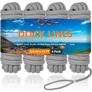 3/4" x 25' Dock Lines 4 Pack, Boat Dock Lines Double Braided with Pre-Spliced 15" Loop, Boat Rope Marine Rope High Strength Mooring for Docking Tie Down (Gray)