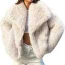 Flygo Women's Faux Fur Coat Fluffy Faux Fur Jacket Long Sleeve Lapel Furry Winter Jackets Shaggy Parka Short Coat (Medium, Beige)