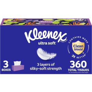 Kleenex Ultra Soft Facial Tissues, 3 Flat Boxes, 120 Tissues per Box, 3-Ply (360 Total)(White)