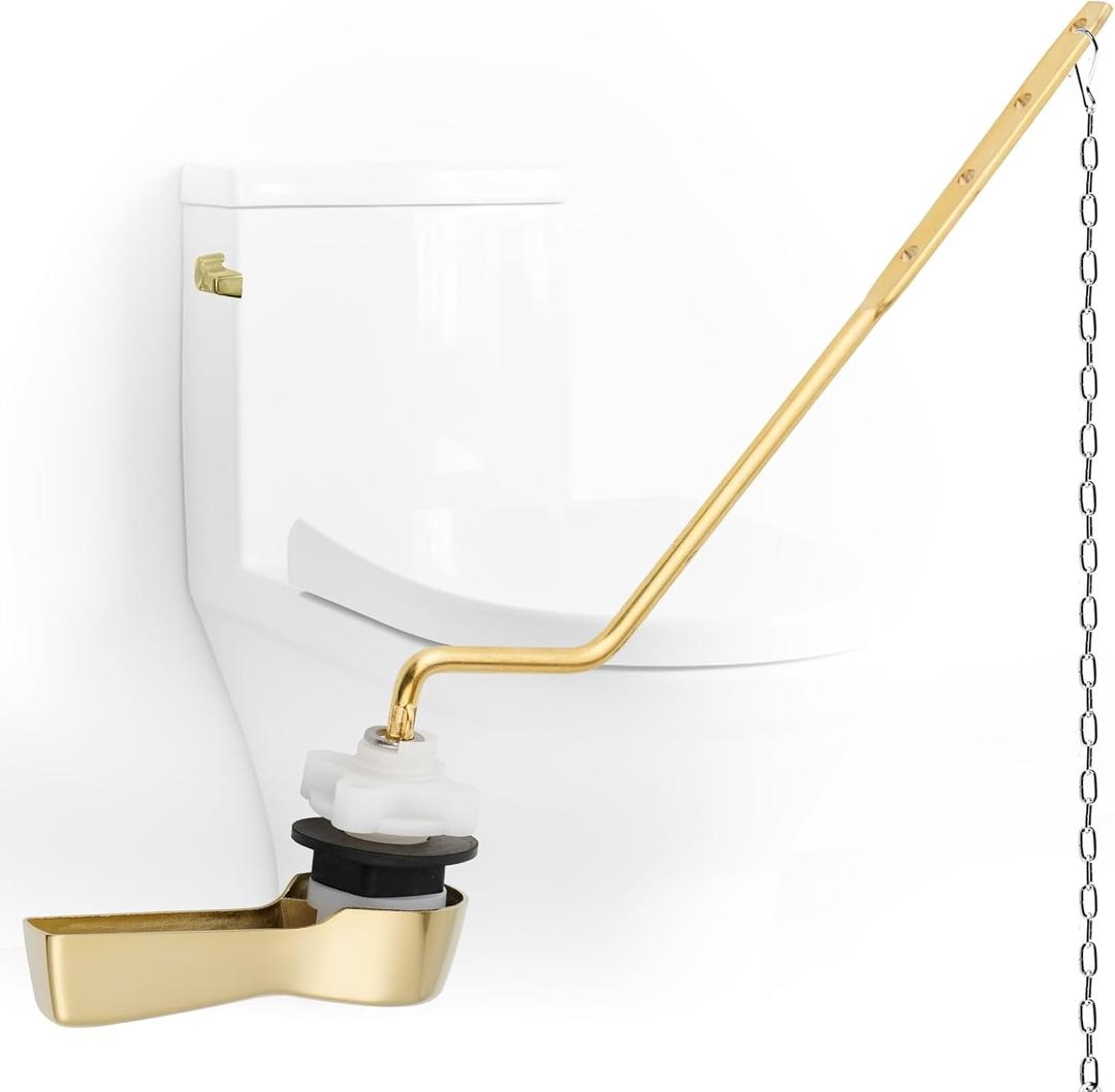 IFealClear Polished Gold Universal Side Mount Toilet Tank Flush Lever Replacement, Toilet Handle Replacement Kit with Stainless Steel Flapper Chain, Solid Brass Angle Mount Toilrt Trip Lever