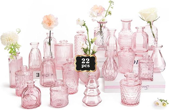 RUCKAE Pink Flower Vase in Bulk 8 Glass Bud Vases Vintage Small Vases for Centerpiece Table Wedding Decorations Home Decor Party (Pink)