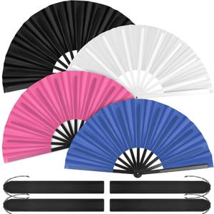 Aodaer 4 Pack Large Silk Folding Fans Handheld Fans Chinese Kung Fu Tai Chi Fans Decorative Fans for Men and Women, Pink, Black, White, Blue