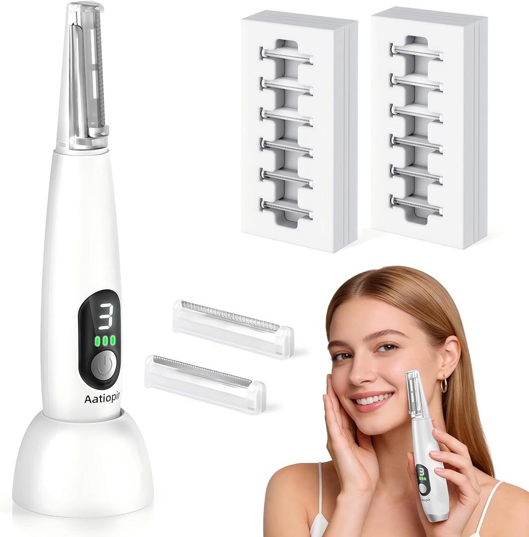 Sonic Dermaplaning Tool for Women - Rechargeable Electric Face Razor with LED Light, 3 Speeds, 12 Replacement Blades (6 Fine & 6 Coarse) for Peach Fuzz Removal & Facial Exfoliation (White)