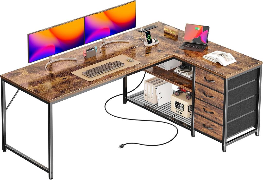PRAISUN 61" L Shaped Desk with Power Outlets and USB-C Port, Reversible Computer Corner Office Desk with 4 Fabric Drawers and 2 Height-Adjustable Shelves, Large for Gaming Writing Study, Rustic Brown