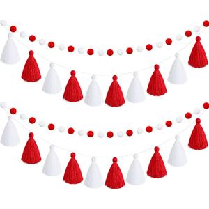 Syhood 4 Pcs Easter Pom Pom Tassel Garland Felt Pompom Ball Banner Tassel Garland for Hanging Decorations Easter Party Supplies Home Decor(Red White Color)