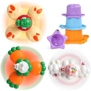 3D Animal Suction Spinners Mold Free Baby Bath Toys for Kids Ages 1-3 with 3 Stacking Cup for Travel Car Window High Chair Airplane Baby Sensory Toys Boys & Girls Christmas Birthdays Gift (6 Pcs)