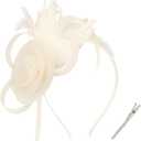 AMCAMI Fascinators Hats with Feather for Women 2026 Derby Hats Small Tea Party Hat with Headband (Beige)