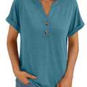 AUTOMET Women's Short Sleeve Shirts Henley Dressy Casual Summer Tops 2026 Spring Fashion Blouses Trendy Cute T-Shirts Business Work Outfits Clothes Bluegreen, Size L