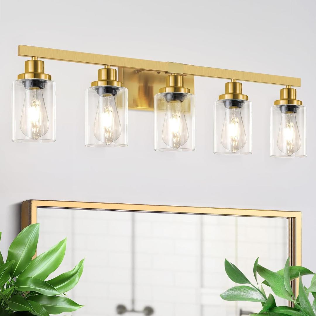 5 Light Gold Bathroom Vanity Light, Bathroom Light Fixtures, 31" Modern Brushed Gold Vanity Lighting Fixtures for Bathroom Over Mirror, Gold Sconces Wall Lighting for Bedroom