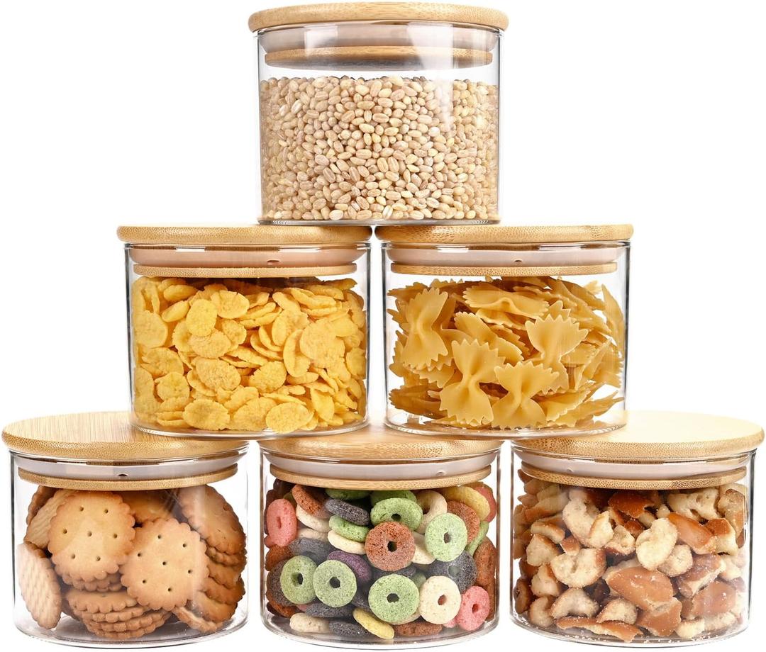 SHOWIN 15oz Glass Food Storage Jars, Glass Jars with Bamboo Lids, Kitchen Storage Jars, Set of 6, Canisters with Airtight Lids for Spice, Coffee, Cookie, Pantry Organizers