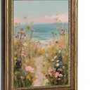 Gold Framed Canvas Wall Art,Pastel Coastal Wildflower Path Landscape Painting, Beachside Picture Poster Prints Artwork for Living Room Bedroom Wall Decor 16x24Inch