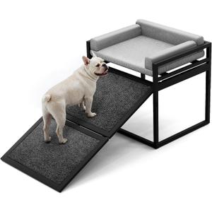 Non Slip Dog Ramp with Seat Extra Wide Seat Doggie Mate Stairs Grey | Metal Frame Puppy Chair for High Bed Couch Office,Dachshunds Ladder,Washable Cushion Pet Step for Small Old Pets,Cat Ladder