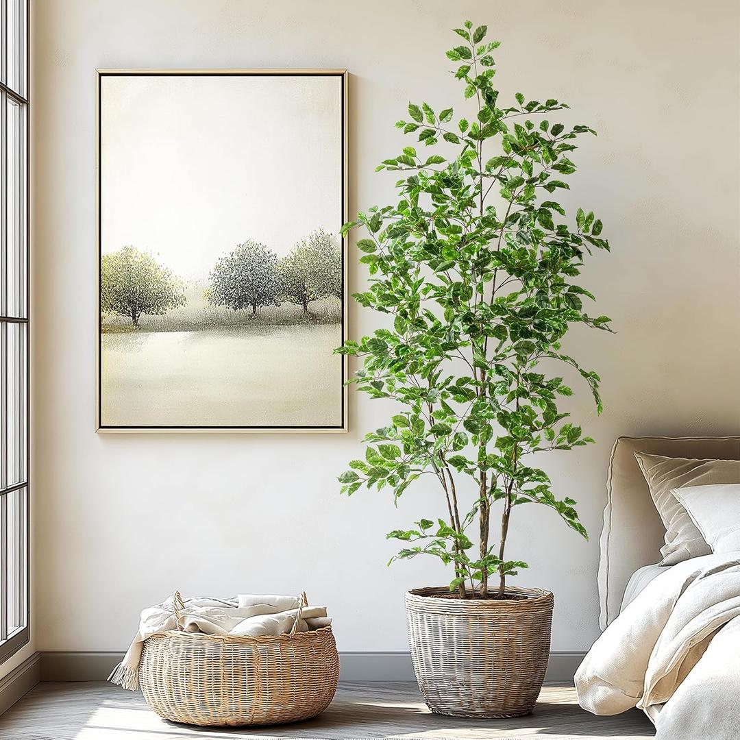 Artificial Ficus Tree Indoor 6ft, Large Potted Faux Tree with Realistic Silk Leaves & Trunk for Home Office, Living Room Corner Decor (White Green)