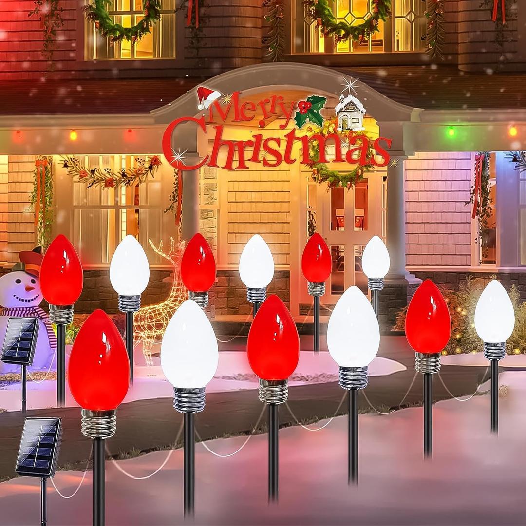 12 Pack Jumbo C9 Solar Christmas Lights, Large Bulbs Waterproof Outdoor Christmas Decorations, Solar Powered Lights for Outside Pathway Marker Stakes Yard Garden Walkway Xmas Decor (Red and White)