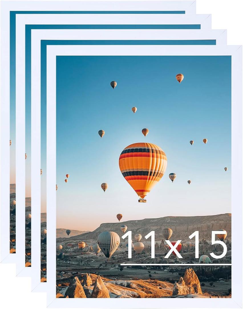 11x15 White Picture Frame Set of 4, Horizontal and Vertical Formats for Wall Hanging, 11 x 15 Wall Gallery Poster Photo Frames with Shatter Resistant Plexiglass, 4 Pack, White