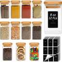 ComSaf 12Pcs Spice Jars with Labels, Glass Jar with Bamboo Lid, 8oz Airtight Square Containers with Black Lables, Empty Seasoning Jars for Spice, Salt, Pepper, Sugar