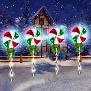 4 Pack 27.5" Lollipop Peppermint Christmas Pathway Lights Outdoor with Bows, Green Red White 80 LED Candy Cane Lights 8 Modes Timer Waterproof, Walkway Markers for Xmas Outsides Garden Yard Decoration