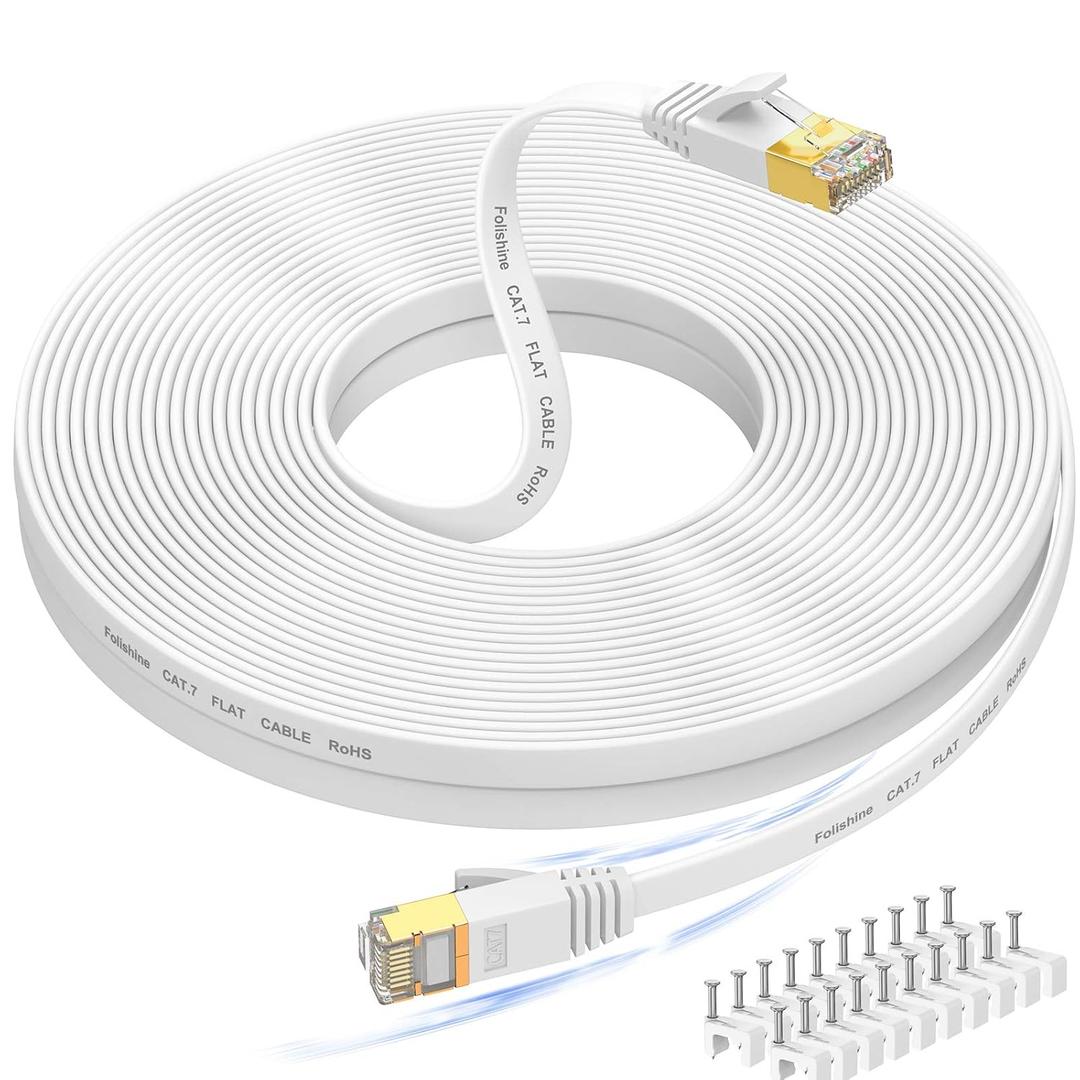 Cat 7 Ethernet Cable 100 ft High Speed, Flat Internet Network LAN Wire, Long Shielded Patch Cord for Modem, Switch, Router, Xbox, Faster Than Cat5e/Cat5/Cat6/Cat6e,  100 feet, Free Cable Clips
