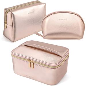 MAANGE 3 Pcs Makeup Bag Portable Travel Cosmetic Bag Large Makeup Bag Organizer with Gold Zipper Waterproof Toiletry Bags for Women and Girls(Rose Gold)