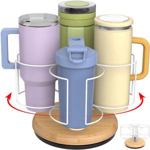 Stanley Cup Organizer Holder for 20-40 oz Tumblers, Rotating Wood Base Tumbler Holder with Bottom Bracket, Heavy-Duty Water Bottle Storage Rack for Kitchen Cabinet (4 Slots, White)