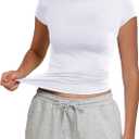 PALINDA Women's Short Sleeve Crew Neck Fitted Shirts Basic Casual Stretchy T Shirt Workout Tops (White, S)