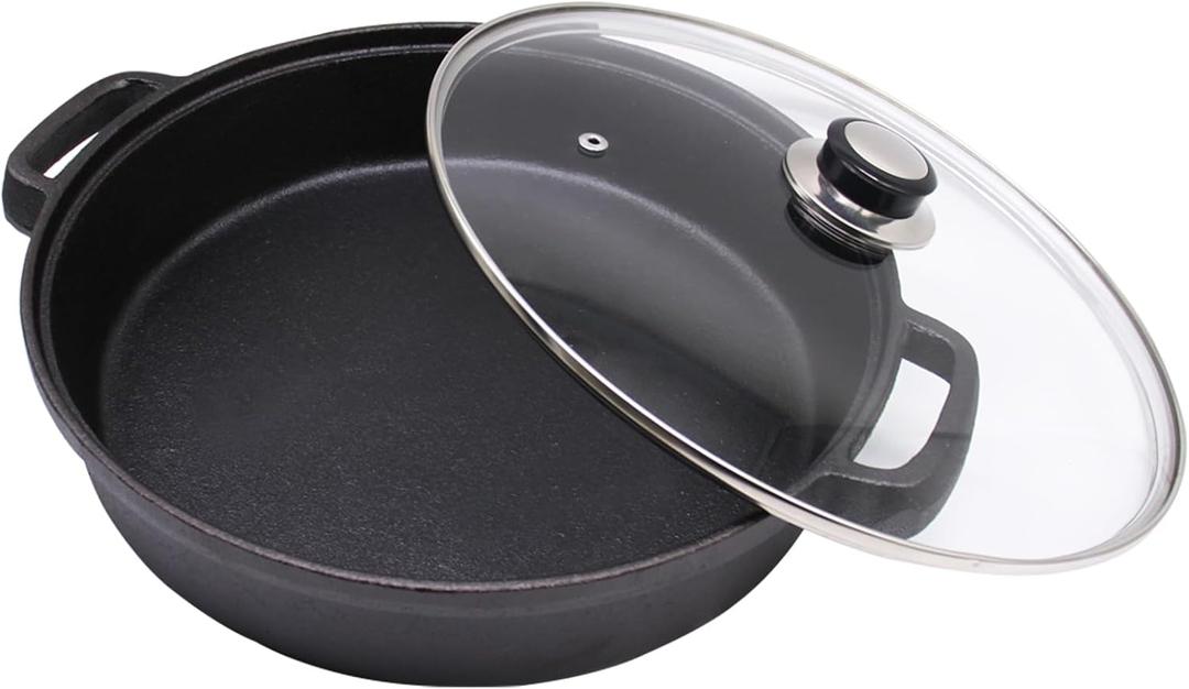 Cast Iron Skillet with Tempered Glass Lid, 12-Inch Double Handled Cast Iron Deep Frying Pan with Lid for Kitchen and Camp