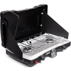 Coleman Triton+ 2-Burner Propane Camping Stove with InstaStart Ignition, Portable Camping Cooktop with 2 Adjustable Burners & Wind Guards, 22,000 BTUs of Power for Camping, Tailgating, Grilling