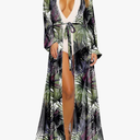 Pink Queen Women's Long Sleeve Flowy Maxi Swimsuit Tie Front Robe Cover Up M