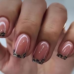5Pack French Tip Press on Nails Square Medium Fake Nails Nude False Nails with Glitter Leopard Print Designs Full Cover Acrylic Nail Autumn Glossy Glue on Nail for Women Girls, 24Pcs