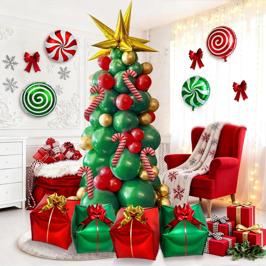 Bonropin Christmas Tree Balloon Garland Arch Kit with Red Green Gold Balloons, Christmas Gold Starburst, Candy Cane Gift Box Foil Balloons for Winter Xmas Party Decorations