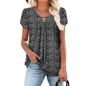 onlypuff Womens Tops Short Sleeve Cute Summer Clothes Pleated Plus Size Front Dressy Casual Blouses DenseBlack Floral XL