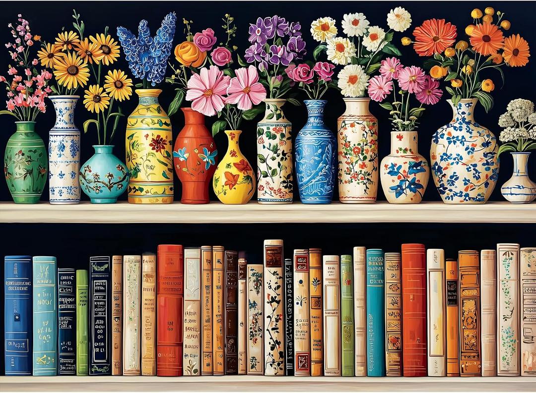 500 Piece Puzzle for Adults Puzzle, Beautiful Bookshelf Jigsaw Puzzle 500 Pieces, Flowers and Vase Jigsaw Puzzles for Adults Seniors, Fun Decor Challenging Family Games Holiday Party Gifts 20.5×15 in