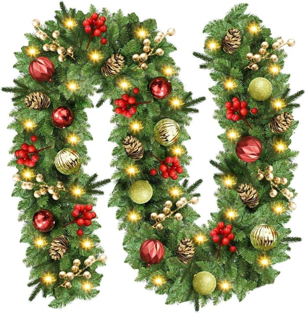 Christmas Garland with Lights, 9FT Prelit Christmas Garland Battery Operated Christmas Wreath with Pine Cones, Red Berries, Artificial Xmas Garland for Mantle, Fireplace, Stairs, Outdoor Decorations (Green)