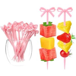 JJUNW 30 PCS Pink Bow Cocktail Picks, Acrylic Pink Bow Skewers Cute Bowknot Toothpicks Fruit Skewer Bow Skewers for Appetizers Drink Cake Dessert Birthday Party Decorations