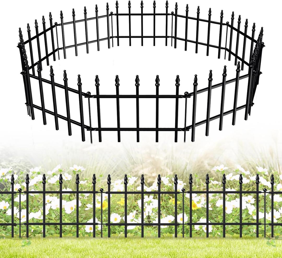 FOREHOGAR Decorative Metal Garden Fence 11in H x 12ft L, Small Border Fence Roman Column Deco, Garden Fencing for Flower Bed Lawn Landscape Outdoor, 10 Panels + 11 Stakes Black