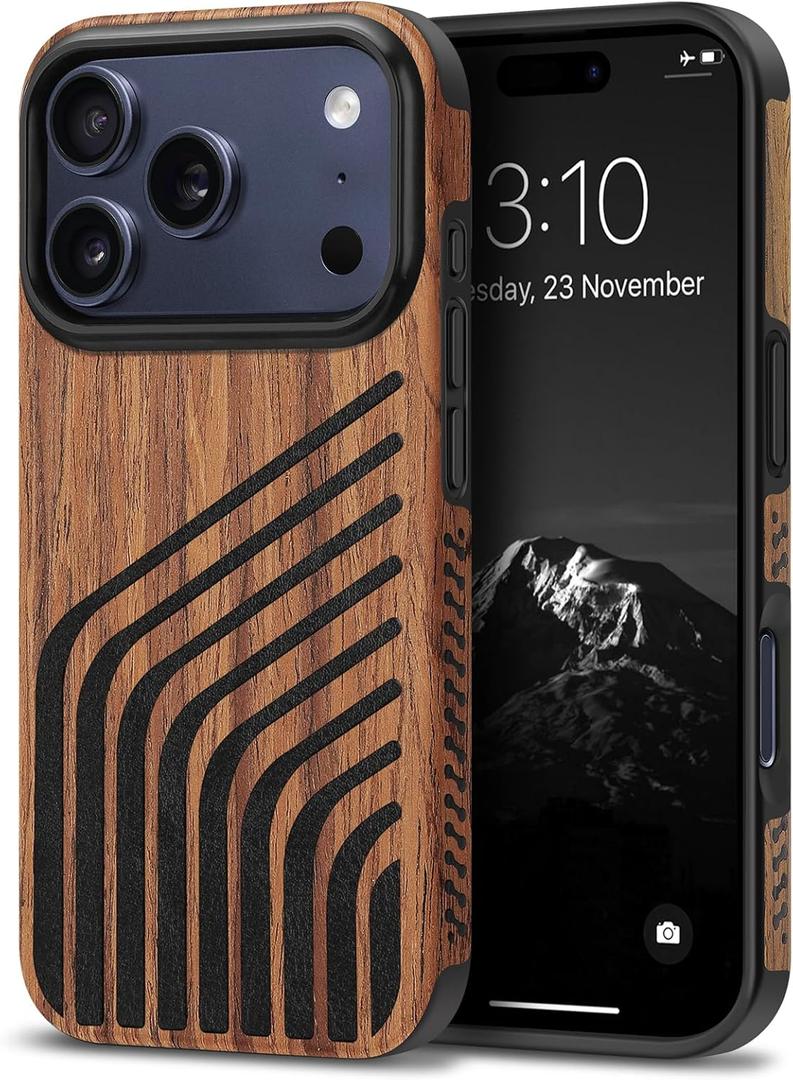 TENDLIN Compatible with iPhone 17 Pro Case Wood Grain with Carbon Fiber Texture Design Leather Hybrid Slim Case (Hairline)