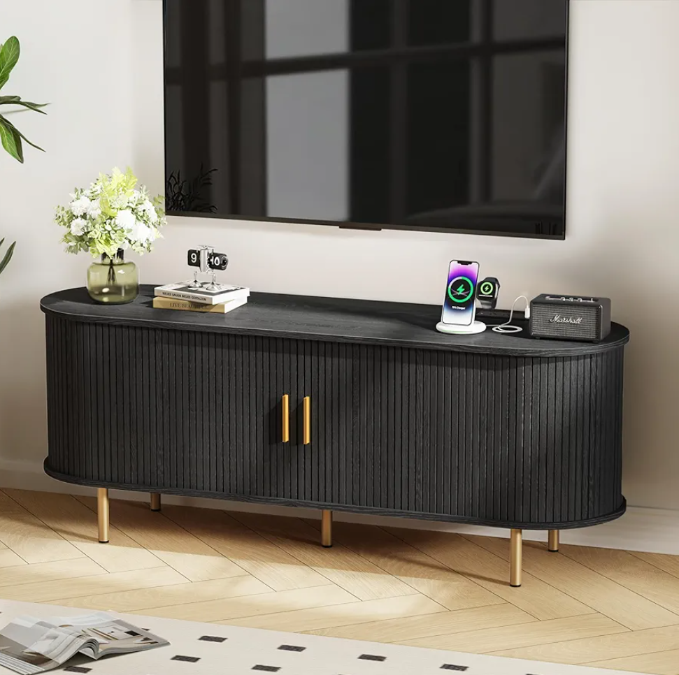 Mid Century Modern TV Stand with Power Outlet for TVs up to 60 Inch, Entertainment Center with Storage and Adjustable Shelves, Media Console For Living Room Blue