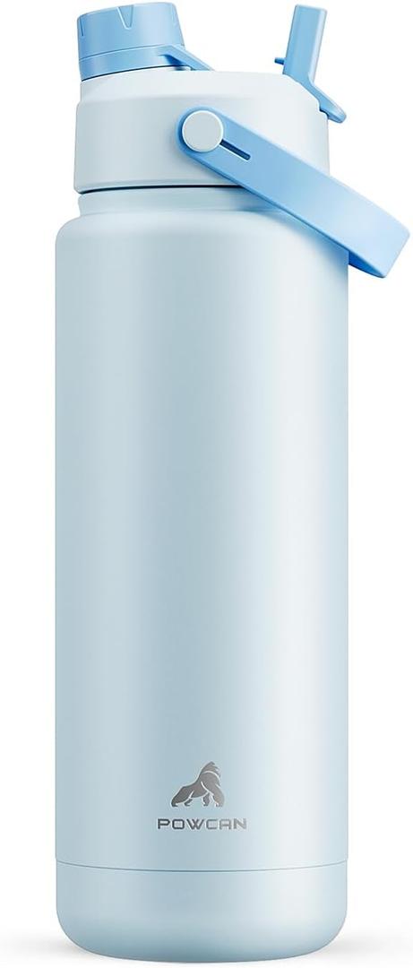 POWCAN 32 oz Insulated Water Bottle with 2-in-1 Straw and Spout Lid, Keep Cold 24H, Leak-Proof, BPA-Free, Double Wall Stainless Steel Water Bottle for Sports, Gym, Travel, and School (Sea Breeze)