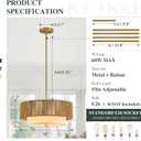 Boho Rattan Chandelier 18'' Gold Hand Woven Chandeliers with Fabric Shade 4-Light Drum Pendant Light Fixture for Dining Room Bedroom Kitchen Hallway Foyer