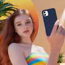 Case for iPhone 12/12 Pro, Glossy Hybrid 2-Layer Hard Shell, Aesthetic Scratch Resistant Cover, Navy Blue Polka Dot