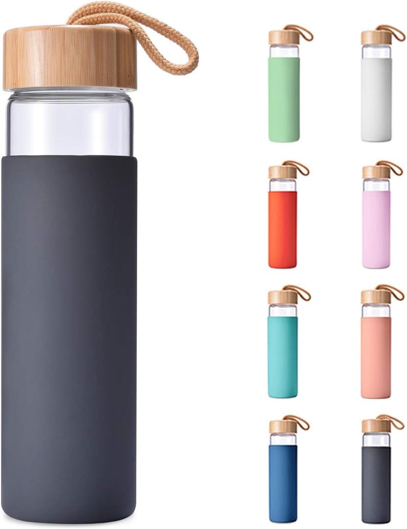 20 Oz Borosilicate Glass Water Bottles with Silicone Sleeve BPA Free, Dishwasher Safe - Reusable Clear Glass Drinking with Leak Proof Bamboo Lid | Perfect Gym Water Bottles for Men & Women (Charcoal Grey)