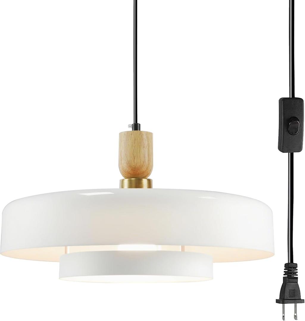 Plug in Pendant Light with 14.75ft Cord & Switch, 2-Tier White & Wood Accent Hanging Ceiling Light, Mid Century Modern Adjustable Swag Lamp for Kitchen Island Dining Room Bedroom