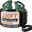 PlugSaf 100 FT 30 Amp RV Extension Cord Outdoor with Grip Handle, Flexible Heavy Duty 10/3 Gauge STW RV Power Cord Waterproof with Cable Organizer, NEMA TT-30P to TT-30R, Black-Green, ETL Listed