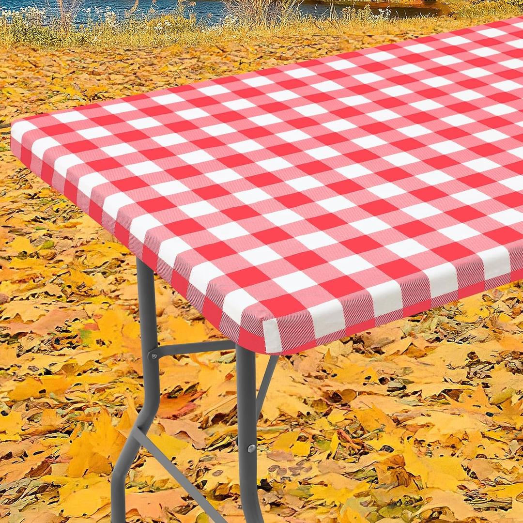 Smiry Rectangle Picnic Table Cloth, Elastic Waterproof Fitted Vinyl Tablecloths, Flannel Backed Buffalo Plaid Table Covers for Dining, Camping, Outdoor (White and Red, 30" x 72") Smiry Rectangle Picnic Table Cloth, Elastic Waterproof Fitted Vinyl Tablecloths, Flannel Backed Buffalo Plaid Table Covers for Dining, Camping, Outdoor (White and Red, 30" x 72")