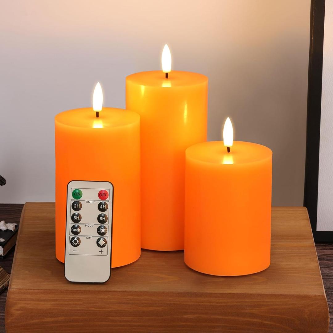 Eywamage Orange Fall Flameless Pillar Candles with Remote, Flickering Thanksgiving LED Wax Candles Battery Operated Set of 3