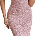 PRETTYGARDEN Summer Floral Bodycon Midi Dresses 2026 Puff Sleeve Mermaid Cocktail Baby Shower Photoshoot Maternity Dress (Small, Pink)