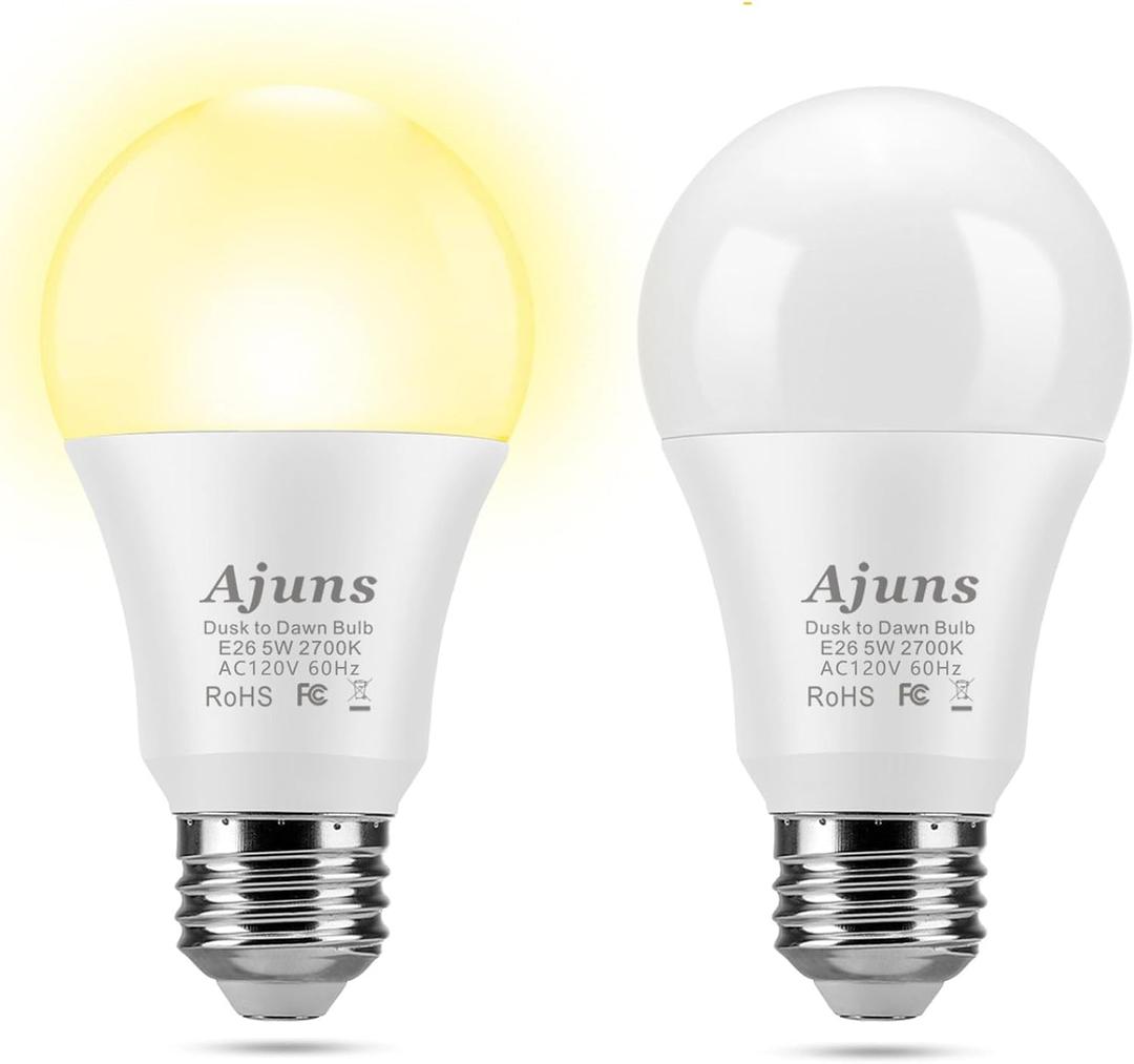 Dusk to Dawn LED Light Bulb, Sensor Light Bulb 5W E26 Automatic On/Off Light, Porch Garage Courtyard Balcony Lighting Bulb 2700K Warm White 2Packs Dusk to Dawn LED Light Bulb, Sensor Light Bulb 5W E26 Automatic On/Off Light, Porch Garage Courtyard Balcony Lighting Bulb 2700K Warm White 2Packs