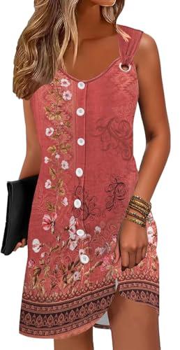 ETCYY Sun Dresses for Women 2025 Vacation Beach Swimsuit Coverups Sundresses Button Down Sleeveless Summer Dress,Floral Red,Large