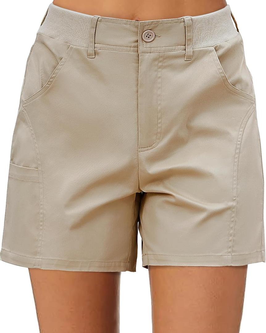 luvamia Shorts for Women Trendy Casual Summer High Waisted Chino Shorts Ribbed Elastic Waist Comfy Shorts with Pockets (Medium, Beige)